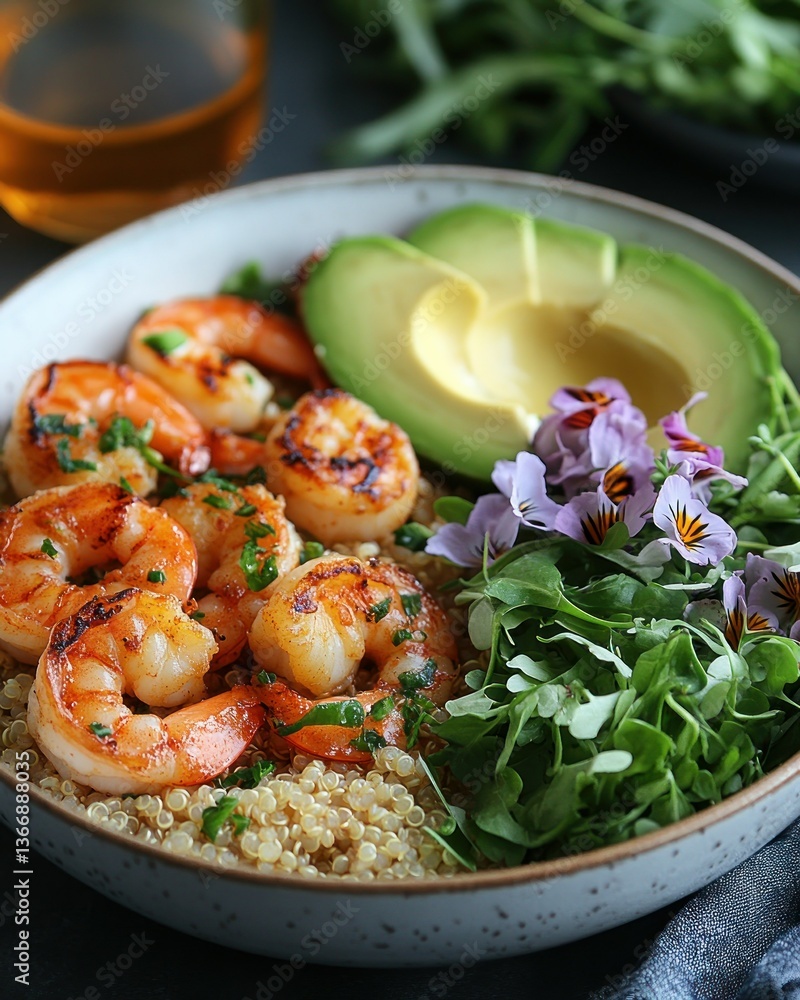 Grilled Shrimp Bowl with Quinoa, Avocado, Edible Flowers, and Greens