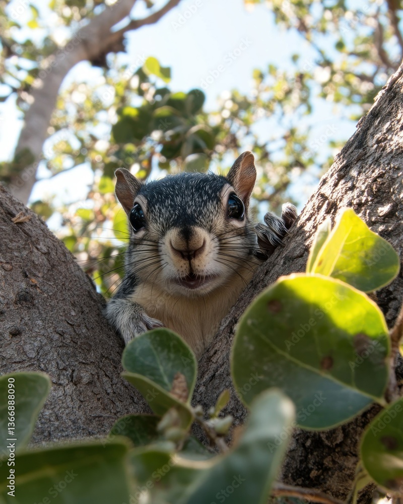 Curious Squirrel Peeking from a Tree Branch on a Sunny Day Outdoors