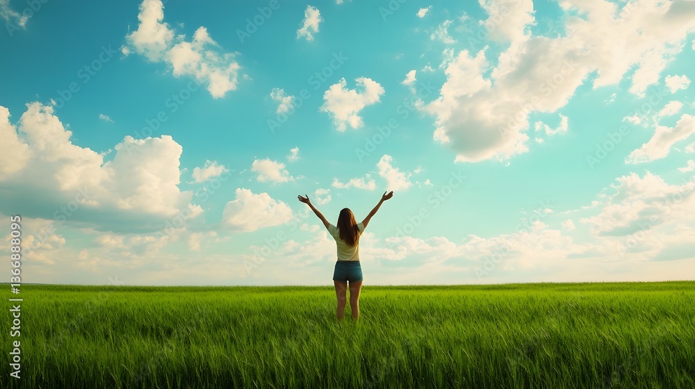 A woman stands in a lush green field her silhouette visible against the expansive sky arms raised in a gesture of joy and freedom as soft wispy clouds float overhead A woman stands in a lush green field her silhouette visible against the expansive sky arms raised in a gesture of joy and freedom as soft wispy clouds float overhead