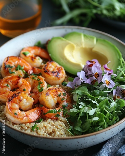 Obraz na płótnie Grilled Shrimp Bowl with Quinoa, Avocado, Edible Flowers, and Greens w salonie