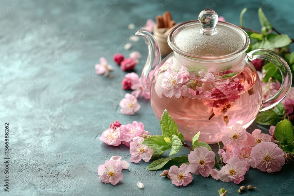 Delicate Floral Tea with Cherry Blossoms and Fresh Herbs on Rustic Table