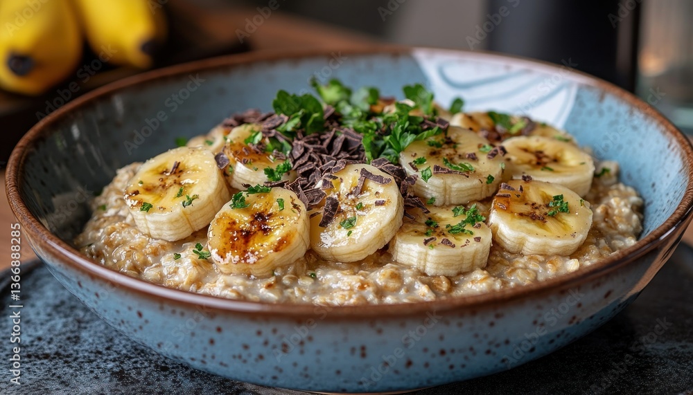 Delicious Oatmeal Bowl with Bananas, Chocolate, and Fresh Herbs