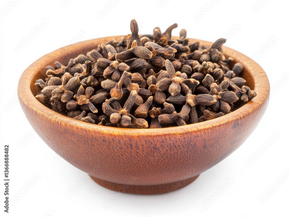 A finely crafted wooden bowl filled with whole clove spices, isolated on a white background with a clipping path. A finely crafted wooden bowl filled with whole clove spices, isolated on a white background with a clipping path.