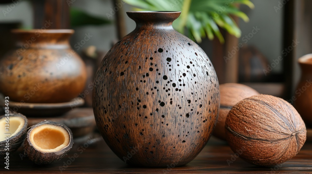 Elegant Wooden Vase with Unique Texture and Design Accents on Rustic Surface