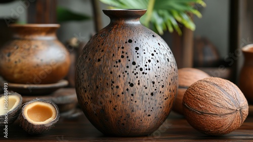 Obraz na płótnie Elegant Wooden Vase with Unique Texture and Design Accents on Rustic Surface w salonie
