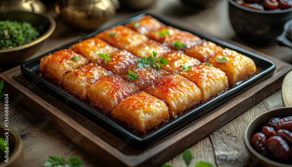 Traditional Dessert with Golden Layers and Sweet Syrup on a Dark Plate