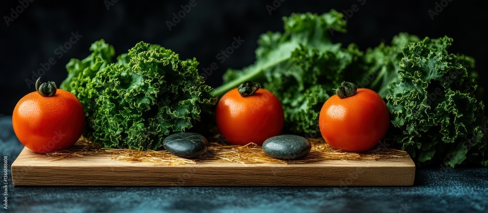 Fresh Vegetables and Stones on Wooden Board with Dark Background