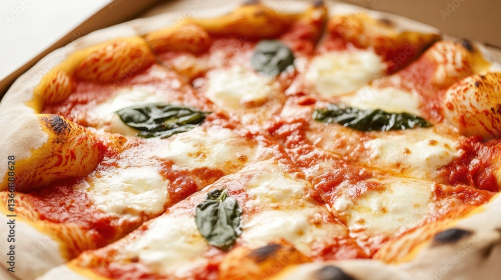 Freshly baked Margherita pizza in takeout box Freshly baked Margherita pizza in takeout box