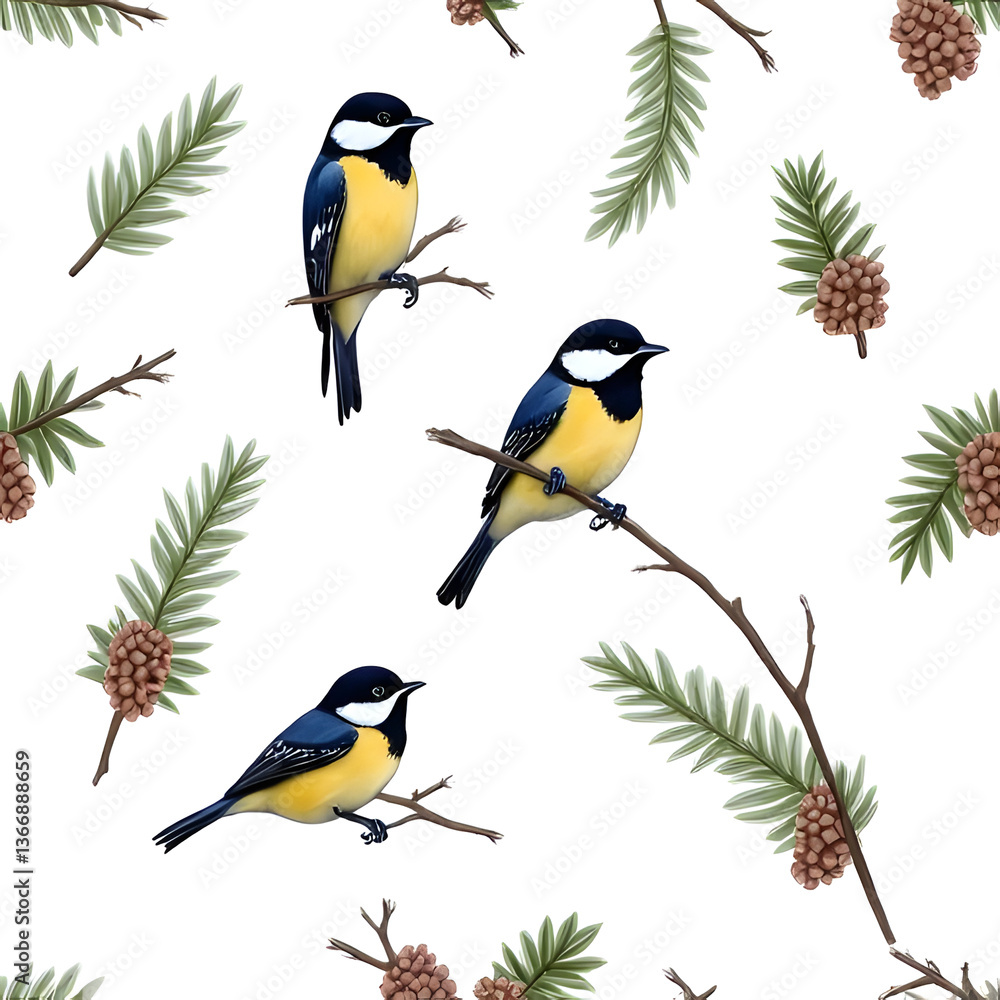 Naklejka premium bird on a branch seamless pattern