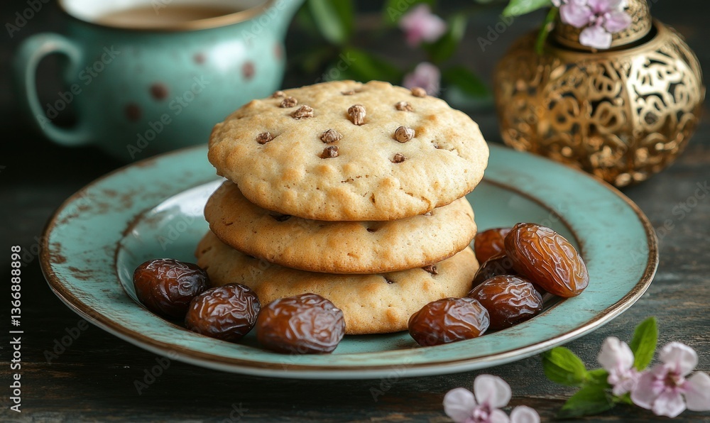 Delicious chocolate chip cookies on a vintage plate with dates and flowers