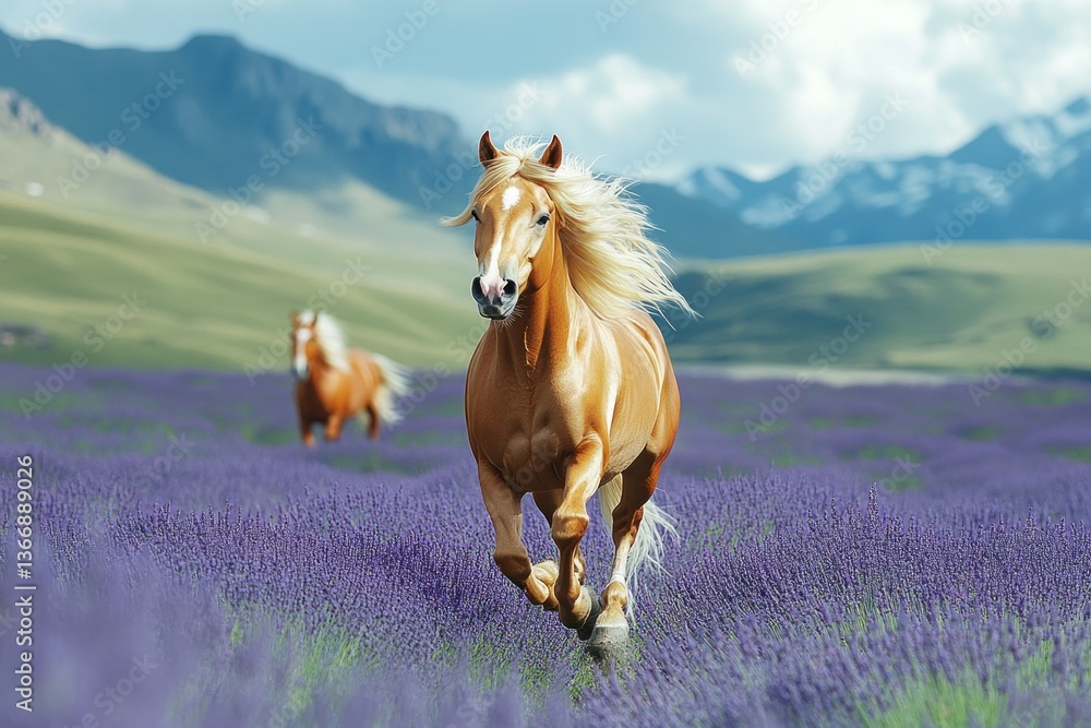 Golden Horse Running Through Lavender Fields Under Bright Blue Sky