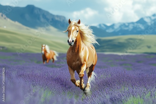 Obraz na płótnie Golden Horse Running Through Lavender Fields Under Bright Blue Sky w salonie
