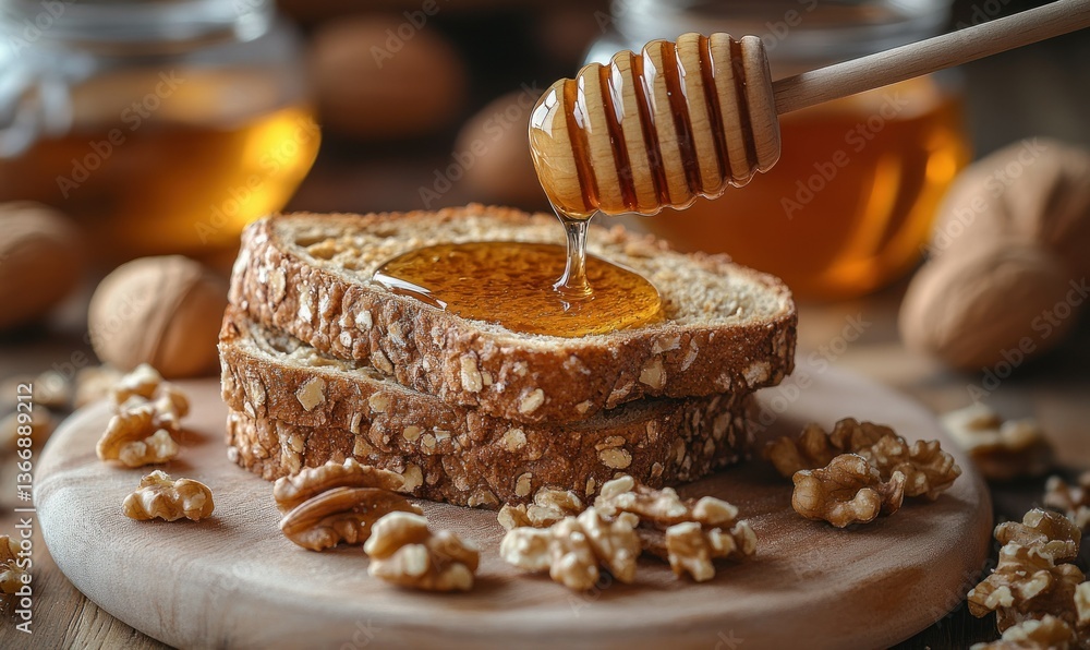 Freshly Made Toast with Honey Drizzle and Nuts on Wooden Board
