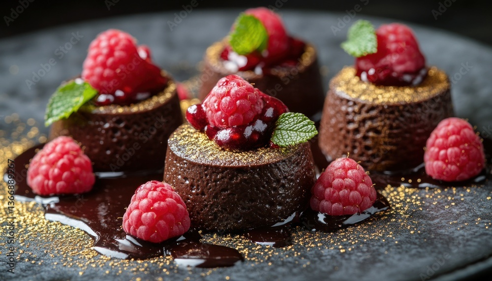 Decadent Chocolate Dessert with Fresh Raspberries and Mint Garnish