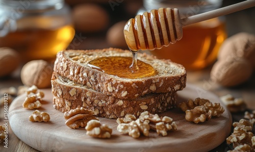 Obraz na płótnie Freshly Made Toast with Honey Drizzle and Nuts on Wooden Board w salonie