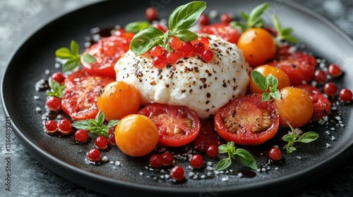 Obraz na płótnie Fresh Burrata Cheese with Tomatoes and Berries on Elegant Black Plate w salonie