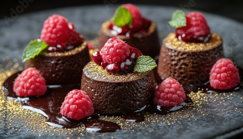 Obraz na płótnie Decadent Chocolate Dessert with Fresh Raspberries and Mint Garnish w salonie