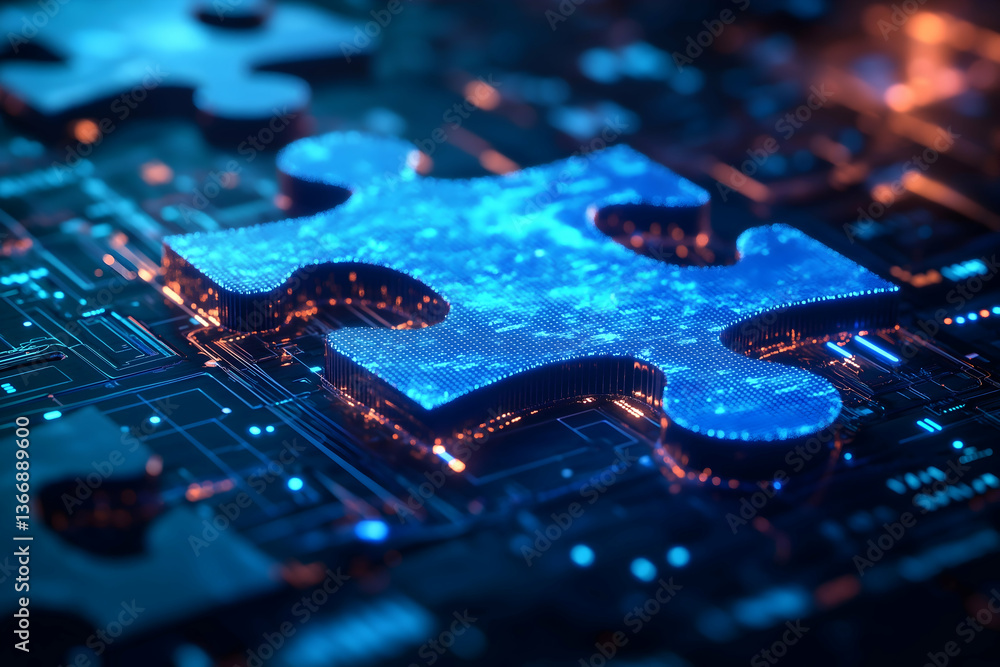 Fototapeta premium A glowing blue puzzle piece on a digital circuit board, symbolizing technology and connectivity in a modern context.