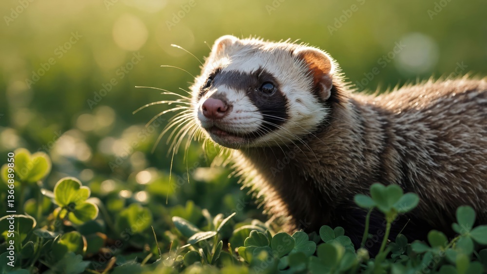 Fototapeta premium Ferret Posing in a Lush Green Clover Patch Outdoors