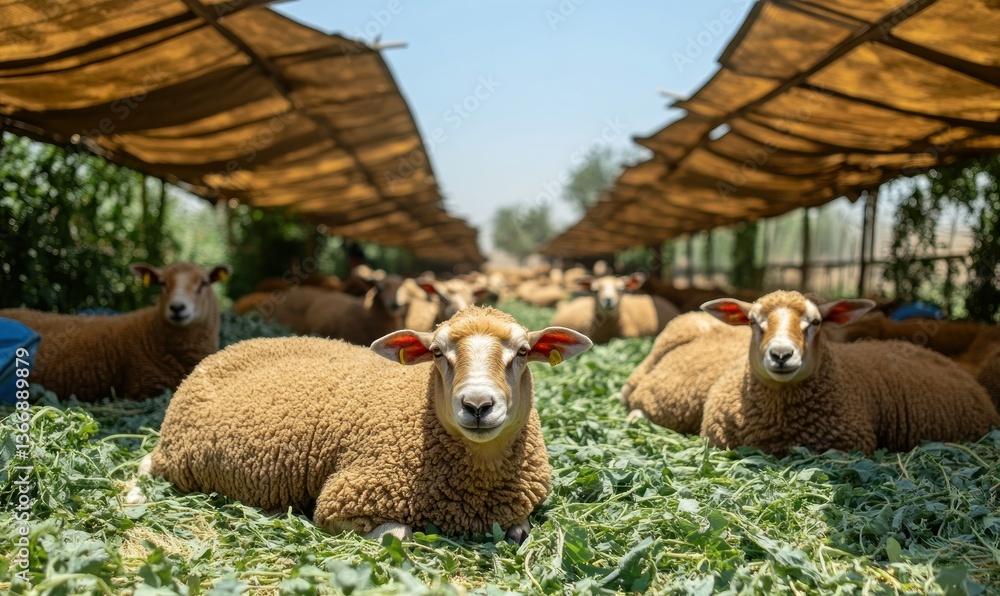 Sheep resting under shade on a sunny day in a farmyard environment