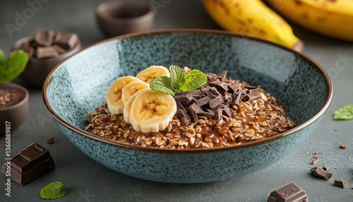 Obraz na płótnie Delicious bowl of oatmeal topped with banana slices and chocolate pieces w salonie