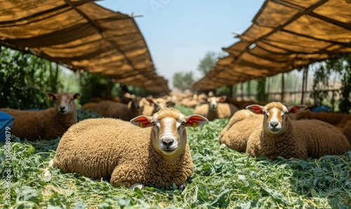 Obraz na płótnie Sheep resting under shade on a sunny day in a farmyard environment w salonie