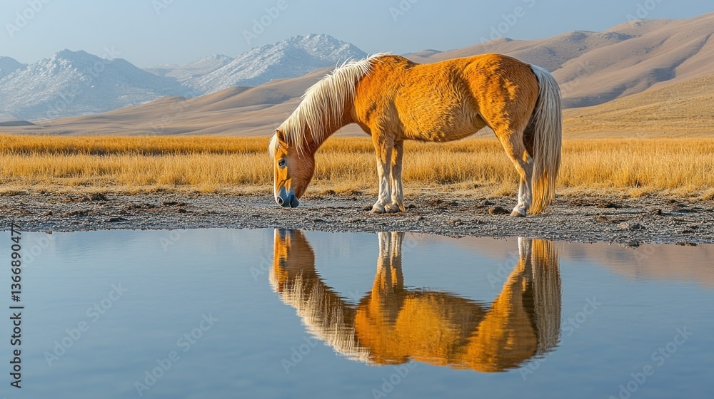 Majestic Horse Drinking Water by Tranquil Reflection in Serene Landscape