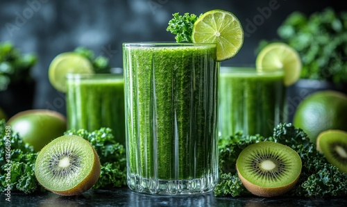 Refreshing Green Smoothie with Kale and Kiwi Served in Glasses