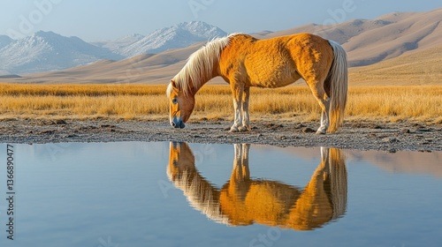 Obraz na płótnie Majestic Horse Drinking Water by Tranquil Reflection in Serene Landscape w salonie