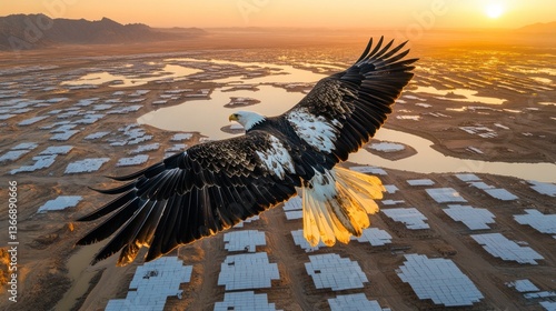 Majestic Eagle Soaring Over Solar Fields at Sunrise in a Natural Landscape
