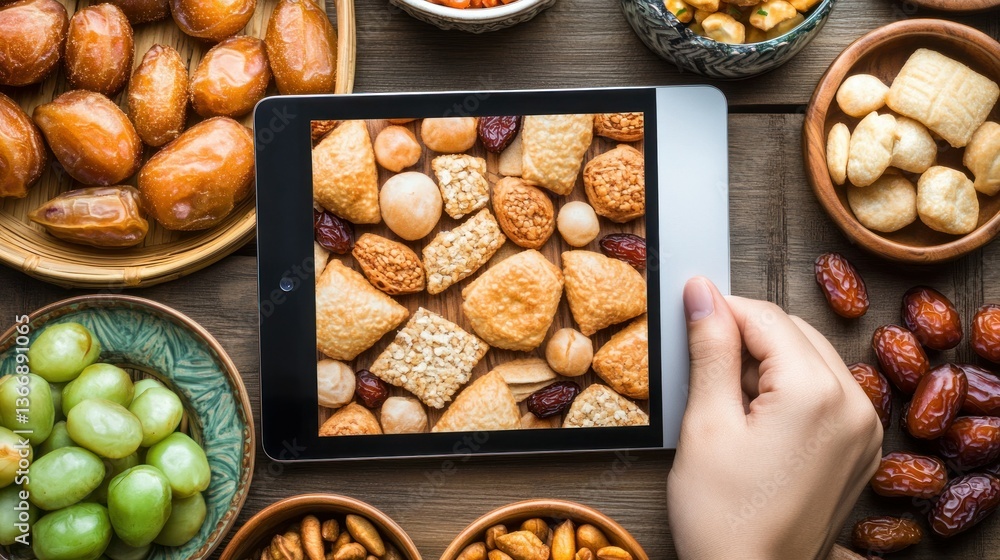 Hand Holding Tablet Displaying Assorted Snacks and Dried Fruits on Wooden Table