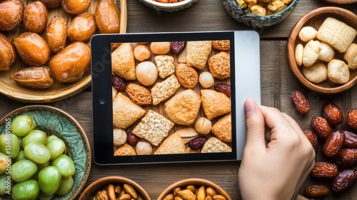 Obraz na płótnie Hand Holding Tablet Displaying Assorted Snacks and Dried Fruits on Wooden Table w salonie