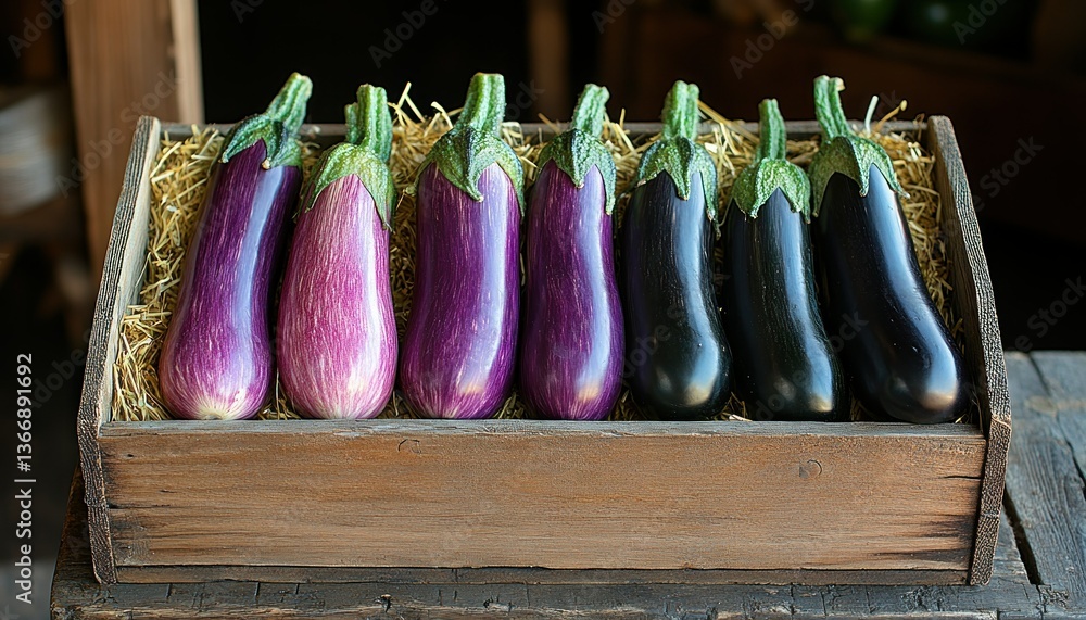 Freshly Harvested Eggplants Displayed in Rustic Wooden Crate