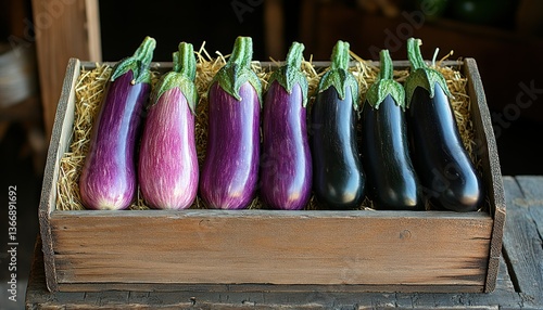 Obraz na płótnie Freshly Harvested Eggplants Displayed in Rustic Wooden Crate w salonie