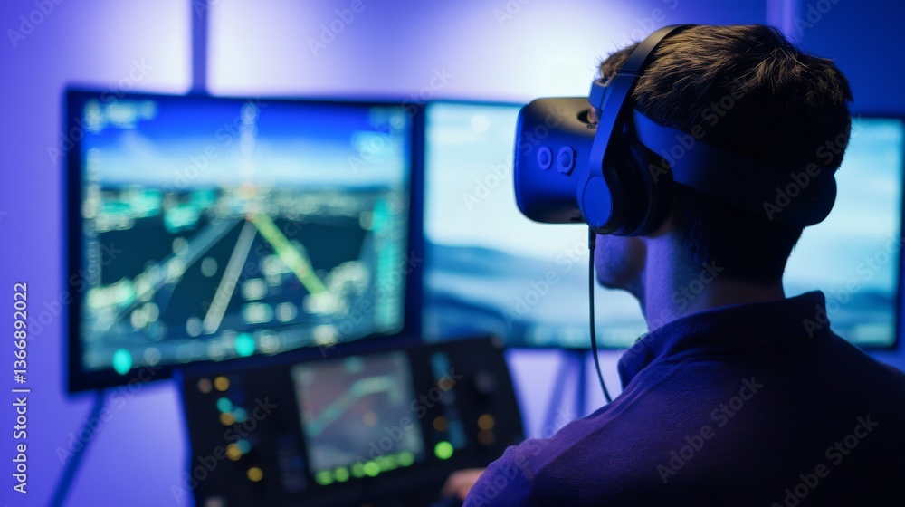 A VR developer designing AI enhanced simulations for flight training in a virtual reality lab, immersive VR lab with AI-powered flight simulators for pilot training, Scientific style A VR developer designing AI enhanced simulations for flight training in a virtual reality lab, immersive VR lab with AI-powered flight simulators for pilot training, Scientific style