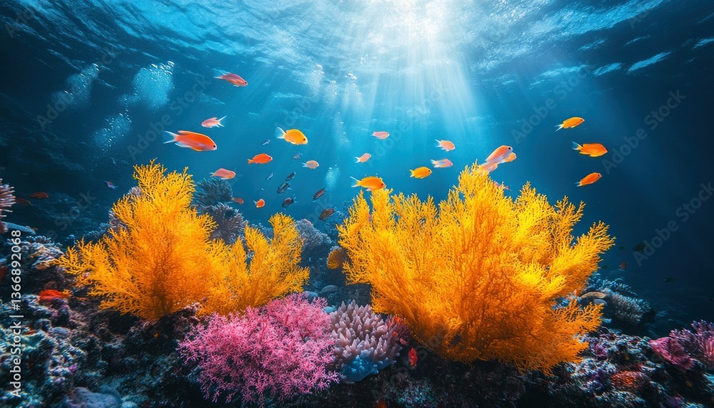 Vibrant Coral Reef Underwater Scene with Colorful Fish and Sunlight Beams