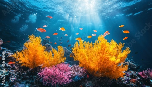 Obraz na płótnie Vibrant Coral Reef Underwater Scene with Colorful Fish and Sunlight Beams w salonie