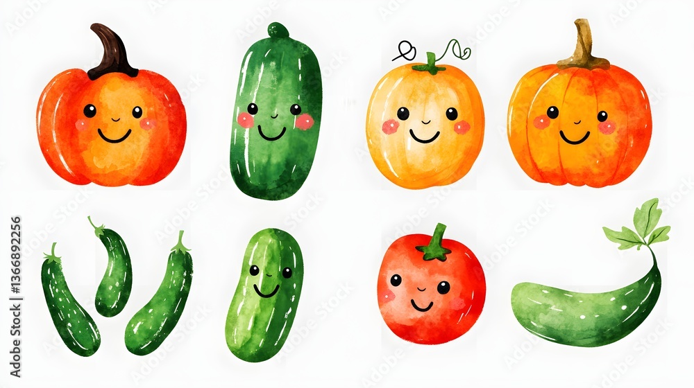 A whimsical collection of watercolor style depicting various smiling vegetables and produce items against a plain white background A whimsical collection of watercolor style depicting various smiling vegetables and produce items against a plain white background