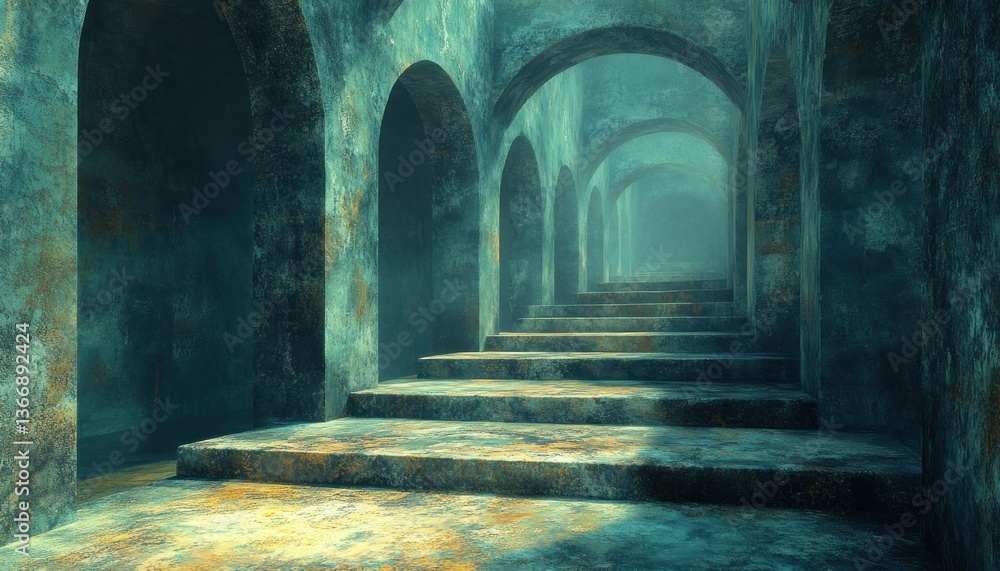 Mystical Underwater Hallway with Ancient Arches and Stone Steps