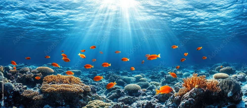 Underwater Scene with Colorful Fish Swimming Above Coral Reef