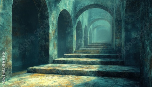 Mystical Underwater Hallway with Ancient Arches and Stone Steps