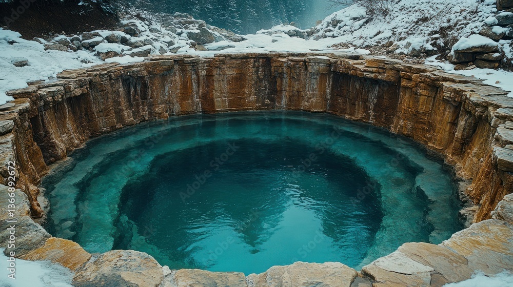 Serene Natural Hot Spring Surrounded by Snowy Landscape in Mountain Wilderness