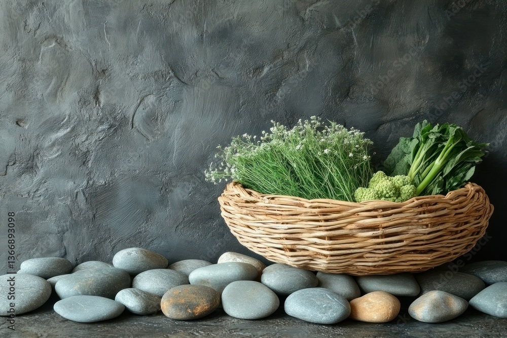 Fresh Green Vegetables in Basket on Textured Background with Stones