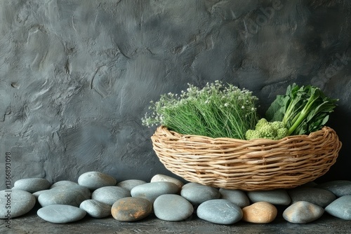 Obraz na płótnie Fresh Green Vegetables in Basket on Textured Background with Stones w salonie