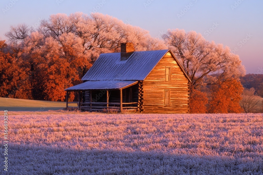 Frosty Morning Light on Rustic Log Cabin in Beautiful Winter Landscape