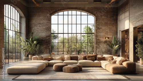 Obraz na płótnie Spacious modern living room with large windows and cozy furniture design w salonie