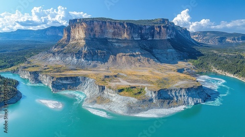 Majestic Mountain Landscape Surrounded by Clear Water and Lush Forests