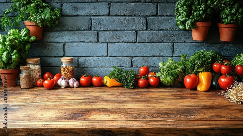 Fresh Vegetables and Herbs on Wooden Table Against Rustic Brick Wall