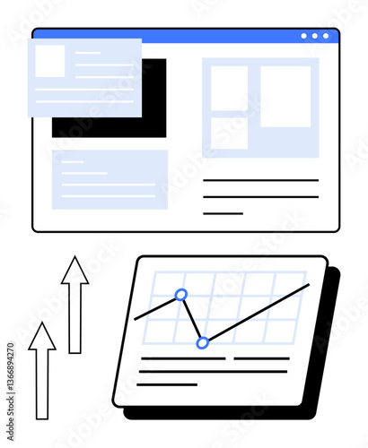 Browser window with content layout and interactive graph with upward arrows. Ideal for business strategy, analytics, performance, growth, planning, research presentation, data insight. Flat simple