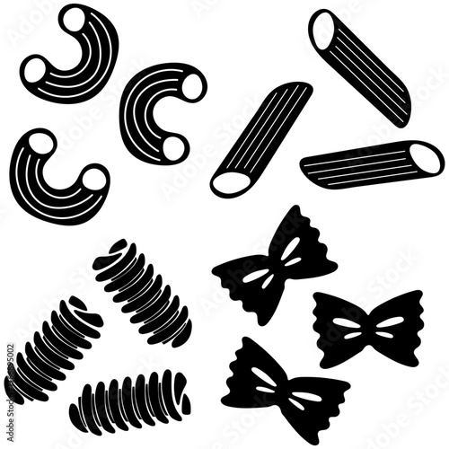 パスタ　ショートパスタ、マカロニ　シルエット　アイコン　ベクターイラスト